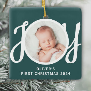 Custom Name First Christmas Photo Green Keepsake Ceramic Ornament