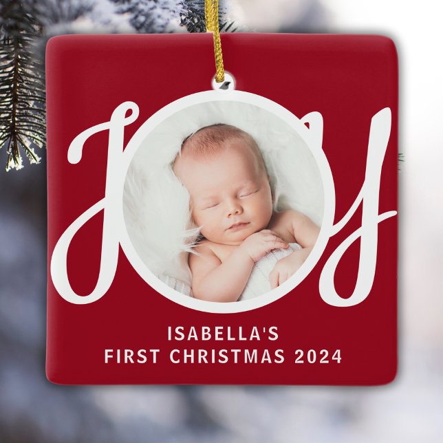 Custom Name First Christmas Photo Red Keepsake Ceramic Ornament (Creator Uploaded)