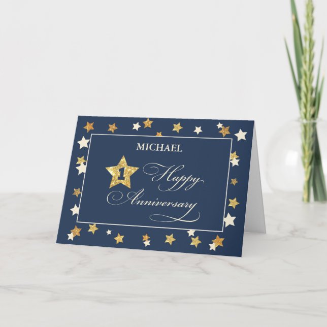 Custom Name First Employee Anniversary Navy Gold Card (Front)