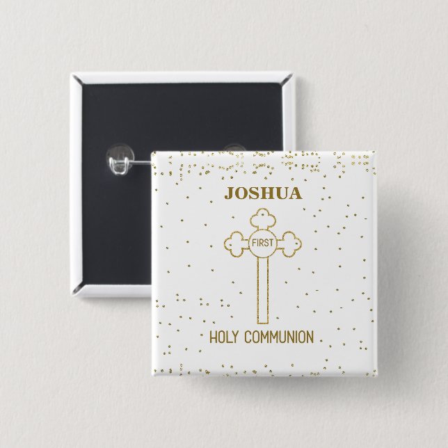 Custom Name First Holy Communion Gold Look Cross 15 Cm Square Badge (Front & Back)