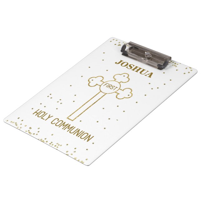 Custom Name First Holy Communion Gold Look Cross Clipboard (Angled)