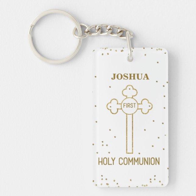 Custom Name First Holy Communion Gold Look Cross Key Ring (Front)