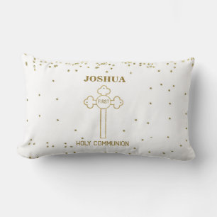 Custom Name First Holy Communion Gold Look Cross Lumbar Cushion