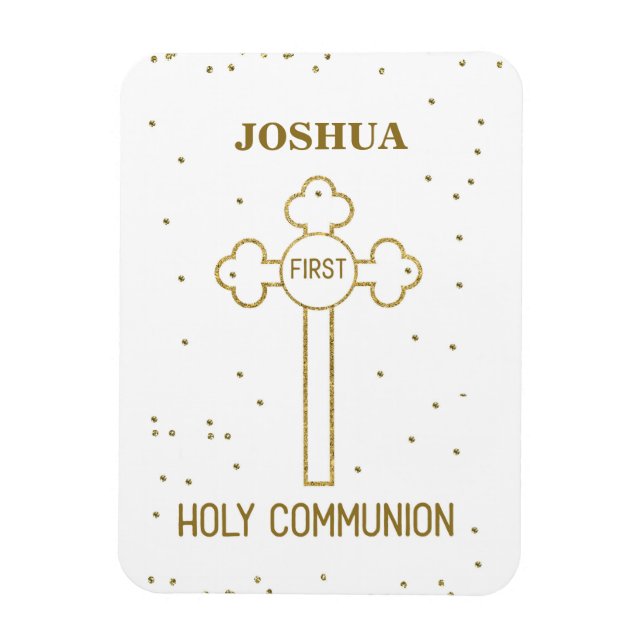 Custom Name First Holy Communion Gold Look Cross Magnet (Vertical)