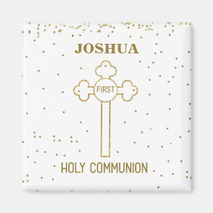 Custom Name First Holy Communion Gold Look Cross Magnet