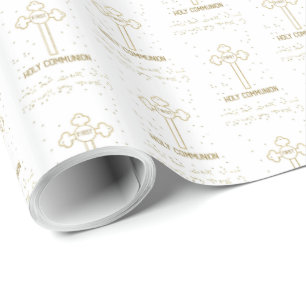 Custom Name First Holy Communion Gold Look Cross Wrapping Paper