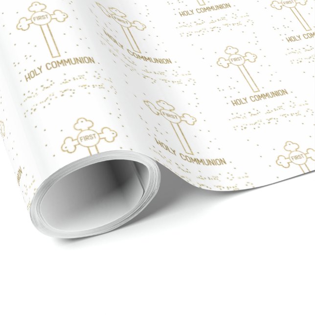 Custom Name First Holy Communion Gold Look Cross Wrapping Paper (Roll Corner)