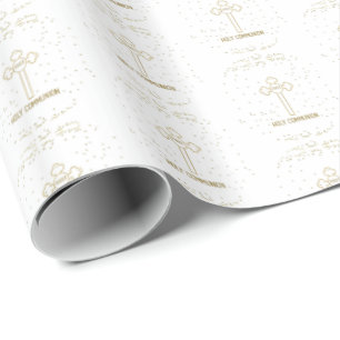 Custom Name First Holy Communion Gold Look Cross Wrapping Paper