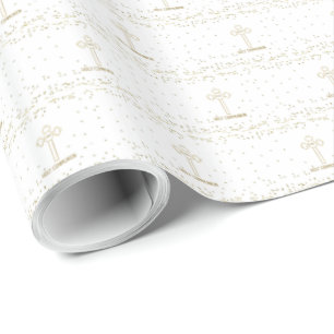 Custom Name First Holy Communion Gold Look Cross Wrapping Paper