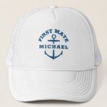 Custom Name First Mate Boat Anchor Navy Blue Hat<br><div class="desc">Custom boat hat with a navy blue nautical anchor reading FIRST MATE and your personalized name. Great gift for a boating trip,  your own sailboat,  yacht,  or family boat crew.</div>