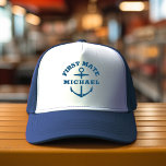 Custom Name First Mate Boat Anchor Navy Blue Hat<br><div class="desc">Custom boat hat with a navy blue nautical anchor reading FIRST MATE and your personalized name. Great gift for a boating trip,  your own sailboat,  yacht,  or family boat crew.</div>