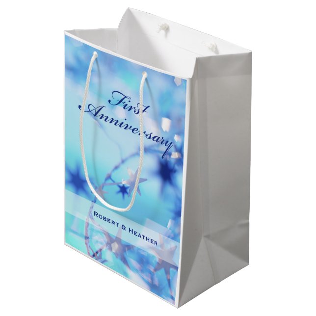Custom Name, First Wedding Anniversary Sparkle Medium Gift Bag (Front Angled)