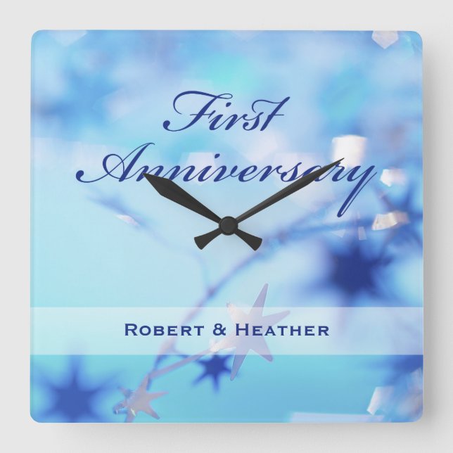 Custom Name, First Wedding Anniversary Sparkle Square Wall Clock (Front)