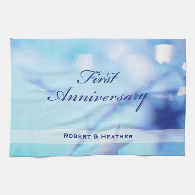 Custom Name, First Wedding Anniversary Sparkle Tea Towel (Horizontal)