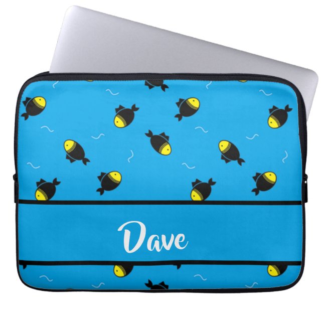 Custom name fishes pattern on blue laptop sleeve (Front)