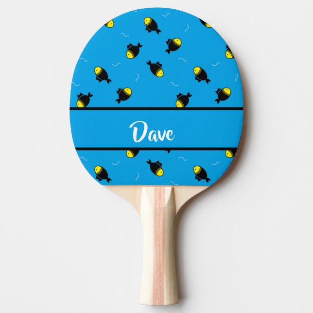 Custom name fishes pattern on blue ping pong paddle (Front)
