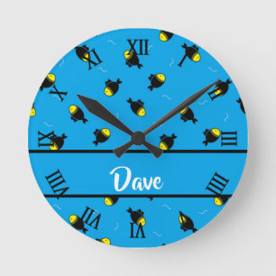 Custom name fishes pattern on blue round clock