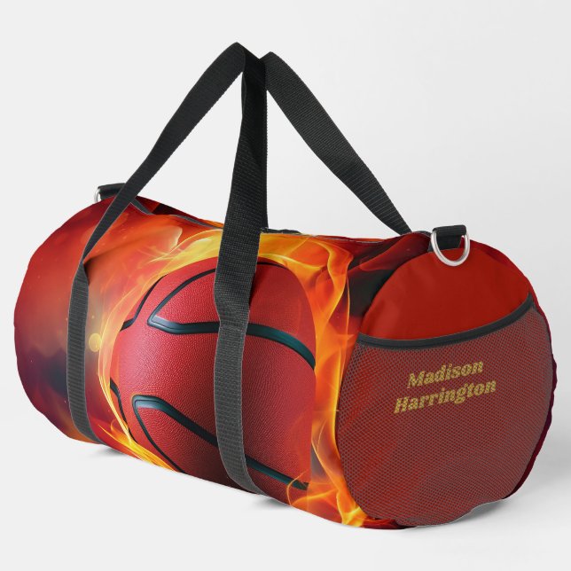 Custom Name Flaming Basketball Duffle Bag (Right Corner)