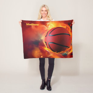Custom Name Flaming Basketball Fleece Blanket