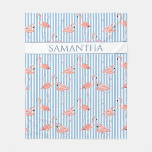 Custom Name Flamingo Blue Stripes Preppy Woven Fleece Blanket
