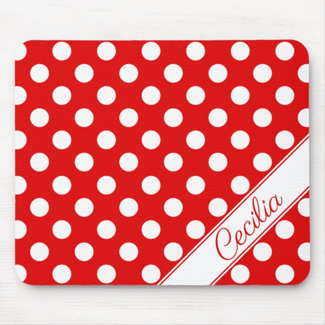 Custom Name Flashy Red Big White Polka Dots Mouse Mat (Front)