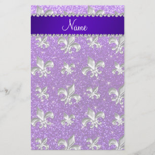 Custom name fleur de lis indigo purple glitter stationery