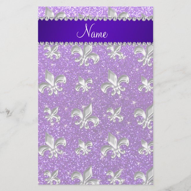 Custom name fleur de lis indigo purple glitter stationery (Front)