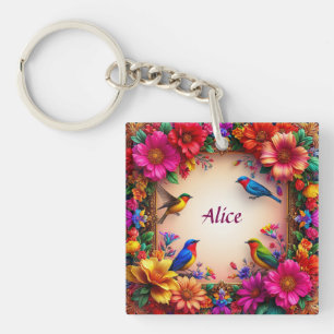 🌸 Custom Name Floral Bird Design Nature Gift Key Ring