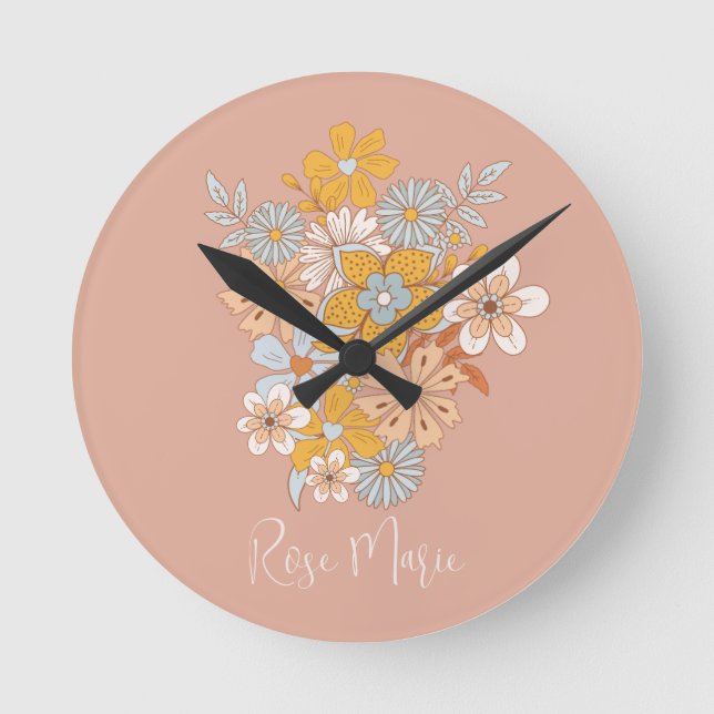 Custom Name Floral Boho Nursery Round Clock (Front)