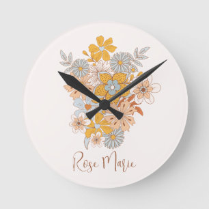 Custom Name Floral Boho Nursery Round Clock