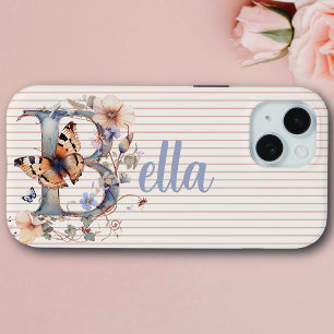 Custom Name   Floral Butterfly Initial Blue iPhone 15 Case