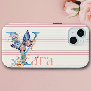 Custom Name   Floral Butterfly Initial Blue, Peach iPhone 15 Case