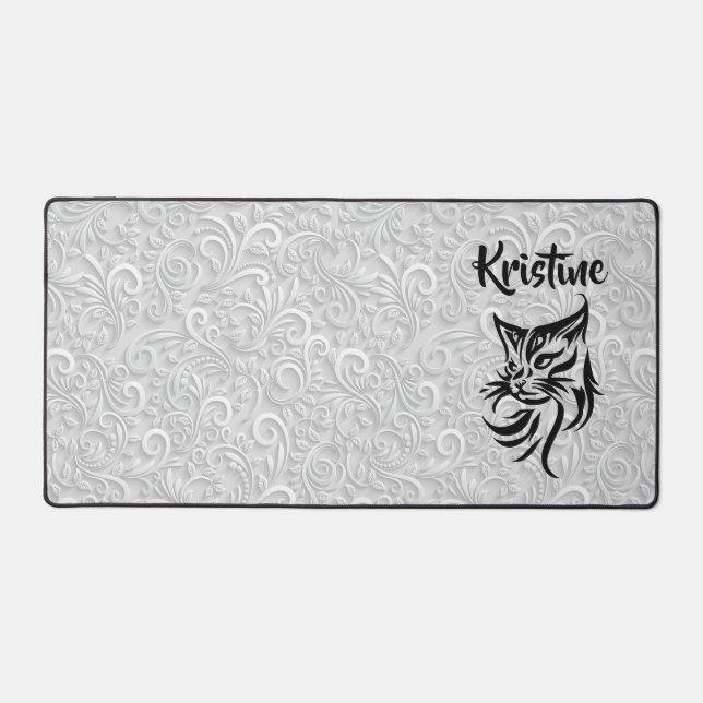 Custom Name Floral Cat Computer Desk Mat (Front)