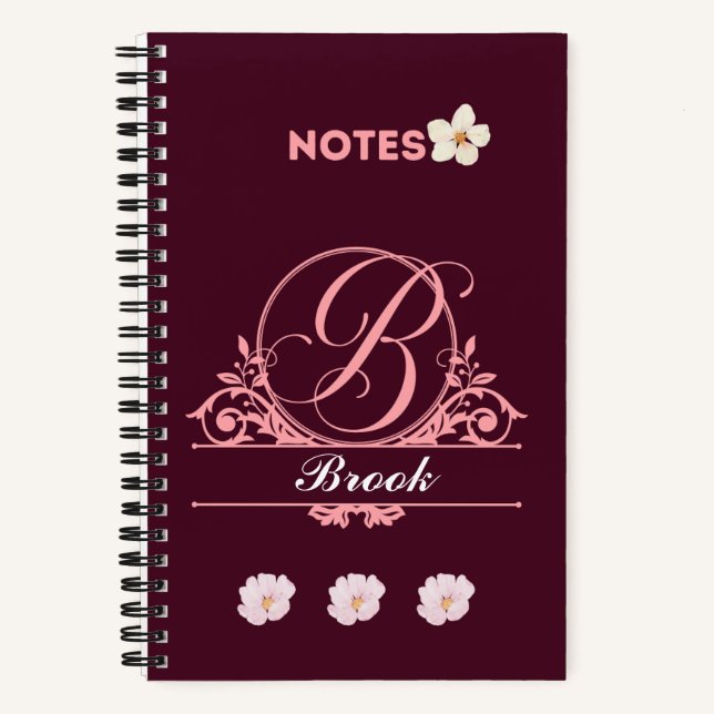 Custom Name Floral Design in Burgundy Notebook (Front)