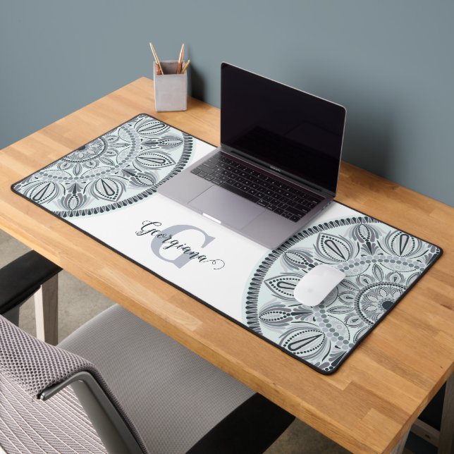 Custom Name Floral Harmony Grey Monotone Mandala Desk Mat (Office 2)