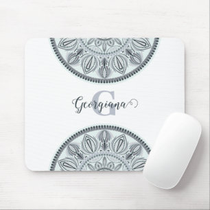 Custom Name Floral Harmony Grey Monotone Mandala Mouse Mat