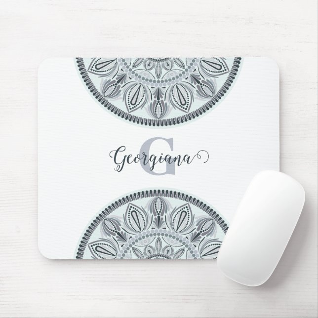 Custom Name Floral Harmony Grey Monotone Mandala Mouse Mat (With Mouse)