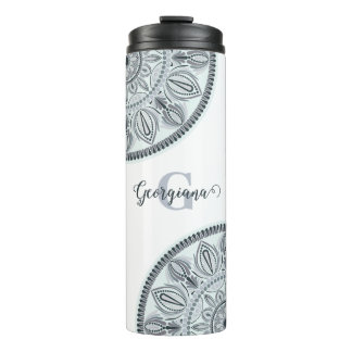 Custom Name Floral Harmony Grey Monotone Mandala Thermal Tumbler