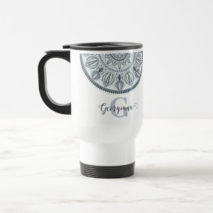 Custom Name Floral Harmony Grey Monotone Mandala Travel Mug