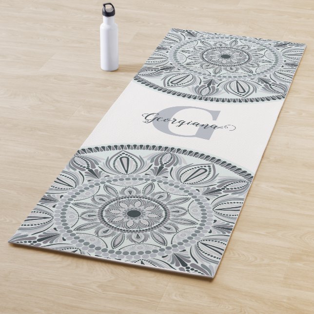 Custom Name Floral Harmony Grey Monotone Mandala Yoga Mat (In Situ)