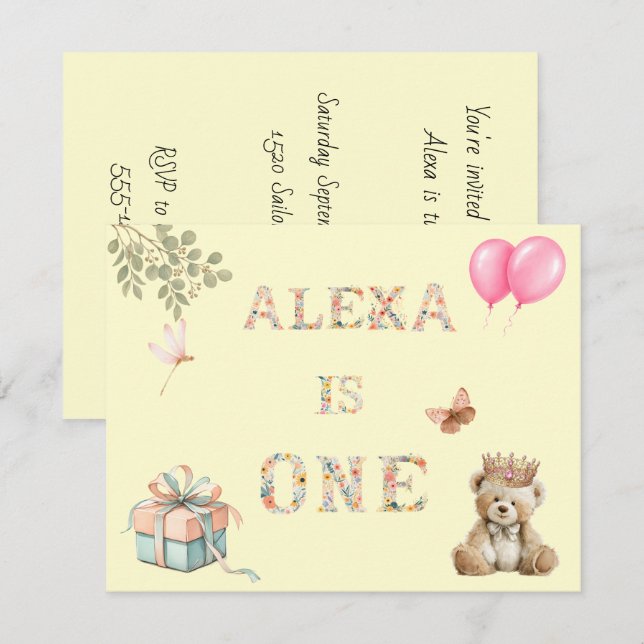 Custom Name Floral Letters Birthday Invitation (Front/Back)