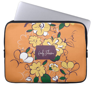Custom Name Floral Pattern Orange Yellow White Laptop Sleeve