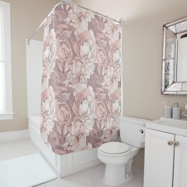 Custom Name Floral Pattern Shower Curtain (In Situ)