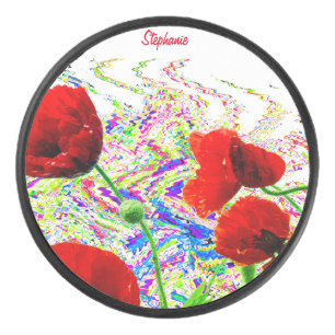 Custom Name Floral Poppy Flowers Colourful Artsy Hockey Puck