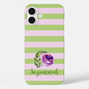 Custom Name Floral Watercolor Rose Pastel Stripes iPhone 16 Plus Case