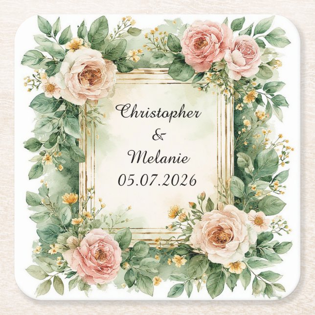 🌸 Custom Name Floral Watercolor 💐 Square Paper Coaster (Front)