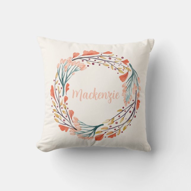 Custom Name Floral Watercolor Wreath Cushion (Front)