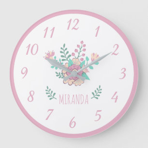 Custom Name Floral Wreath Girl Wall Clock