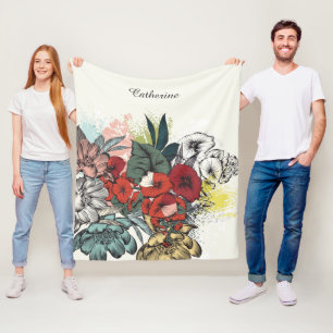Custom Name Flower Illustration Fleece Blanket