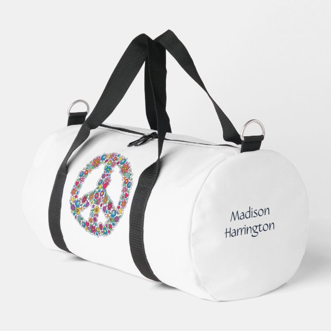 Custom Name Flower Peace Sign Duffle Bag (Left Corner)